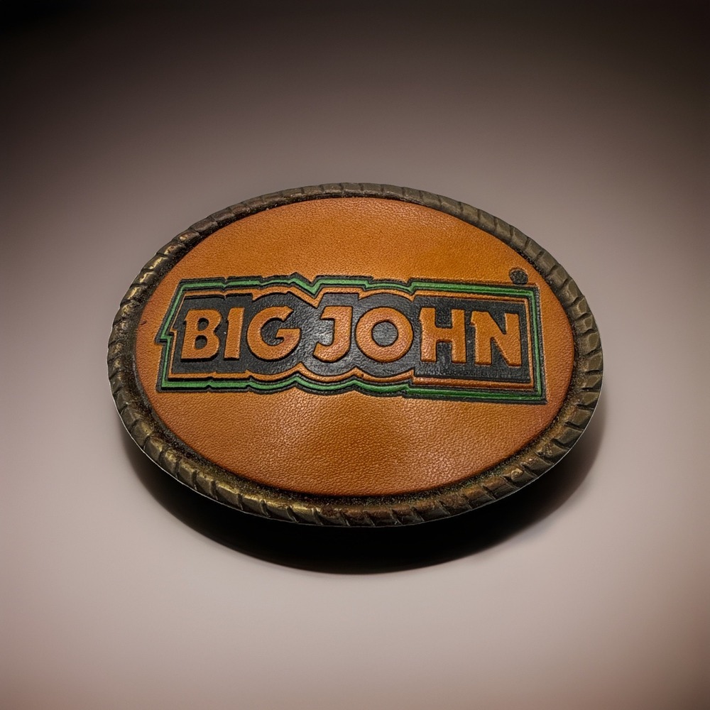 Vintage Big John Deere Belt Buckle Embossed Brown Leather RARE 3.5"x2.5"
